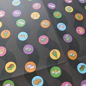 May include: A black background with colourful circles featuring different types of sushi. The circles are arranged in a wavy pattern.
