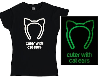 Cuter with Cat Ears T-Shirt (Glow in the Dark!) - Kawaii - Womens & Mens T-Shirts - Alternative Fashion - Halloween T-Shirt - Cat Gifts