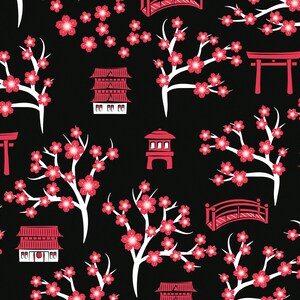 May include: A seamless pattern featuring red and white Japanese-inspired elements on a black background. The pattern includes cherry blossom branches, pagodas, torii gates, and bridges.