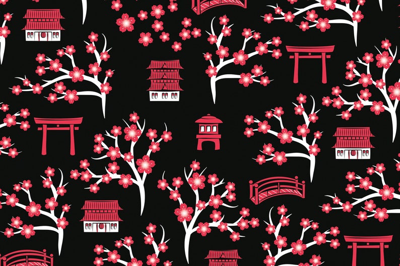 May include: A seamless pattern featuring red and white Japanese-inspired elements on a black background. The pattern includes cherry blossom branches, pagodas, torii gates, and bridges.