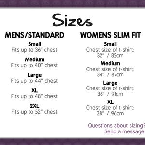 May include: Size chart for clothing with measurements in inches and centimeters. The chart shows sizes for men's standard and women's slim fit clothing. The chart includes sizes for small, medium, large, XL, and 2XL.