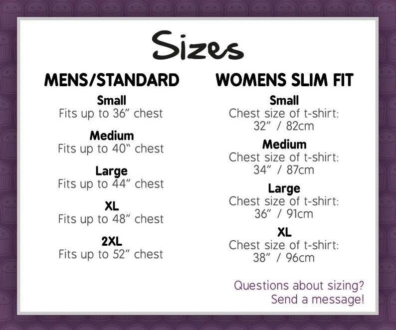 May include: Size chart for clothing with measurements in inches and centimeters. The chart shows sizes for men's standard and women's slim fit clothing. The chart includes sizes for small, medium, large, XL, and 2XL.