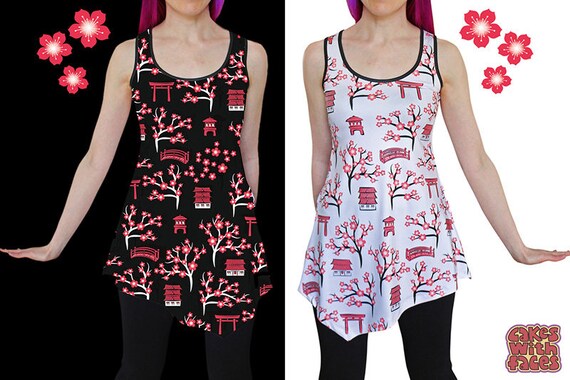 Asymmetrisch Cherry Blossom / Sakura / Dameskleding Kleding Dameskleding Tops & T-shirts Tunieken Japanse Jurk Zwarte Mouwloze Top voor Vrouwen Magische Kyoto Tuniek Japan 