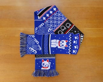 Lucky Cat Scarf - Knitted Winter Scarf - Unisex Adult Scarf - Cute Japanese Maneki Neko - Blue, Red, Black Patterned Scarf - Japan Gifts