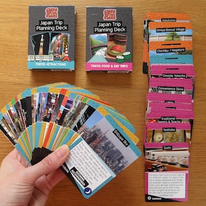 Op de afbeelding: Een set kleurrijke speelkaarten met afbeeldingen van Japanse bezienswaardigheden, eten en activiteiten. De kaarten zijn verdeeld in twee decks: "Tokyo Attracties" en "Tokyo: Eten & Dagtrips". Er is ook een stapel kaarten met verschillende Japanse locaties en activiteiten.