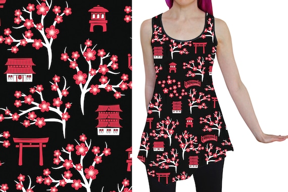 Magical Kyoto Tunic - Black Sleeveless Top for Women - Japanese Dress - Cherry Blossom / Sakura / Ladies Clothing - Japan - Asymmetric