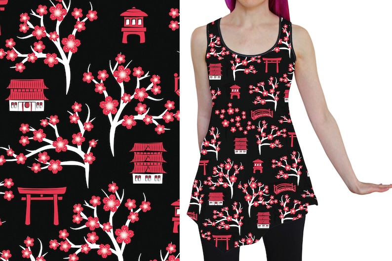 May include: A black tank top with a repeating pattern of red cherry blossoms, red pagodas, and red torii gates.