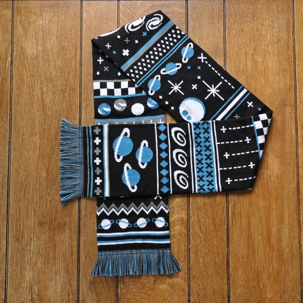 Galaxy Space Scarf - Knitted Winter Scarf - Stars & Planets Unisex Adult Scarf - Quirky Alternative Scarf - Blue, Black, White Pattern Scarf