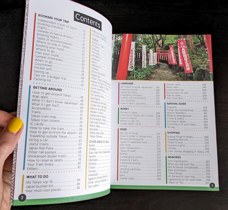 Pu&ograve; includere: Guida turistica aperta con un sommario e una sezione su Tokyo. La pagina di destra mostra una foto di un santuario giapponese con porte torii rosse e striscioni. Il libro &egrave; aperto su una superficie scura.