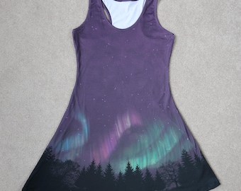 Northern Lights Racerback Dress - Size Small - Aurora Borealis Night Sky Dress in Purple - Sleeveless