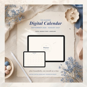 Puede incluir: Un calendario académico digital de septiembre de 2026 a agosto de 2027 en dos pantallas de tableta. El texto dice The Academic Digital Calendar, Dated Monday Start Landscape, y plan beautifully, one month at a time.
