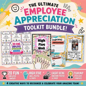 May include: A digital employee appreciation toolkit bundle featuring 20 fun awards, a high five wall poster with cards, caught being awesome posters with cards, and a team MVP spotlight template. The design includes colorful text and graphics.