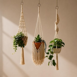 Peut inclure: Trois suspensions pour plantes en macramé blanc cassé suspendues à des anneaux métalliques. La suspension de gauche présente un motif de nœuds en losange, celle du centre un pot en terre cuite avec des franges, et celle de droite un motif torsadé.