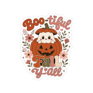 Boo-tiful Fall Y'all Kiss-Cut Sticker | Pumpkin Jack-o'-Lantern Ghost