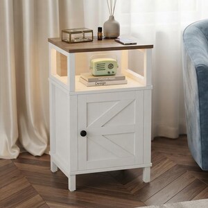 White Farmhouse Nightstand with Charging Station, LED Bedside Table, Wood Storage Cabinet, USB Ports, Outlets & Open Shelf