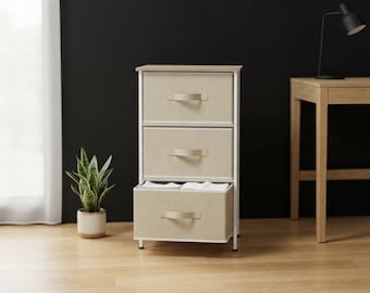 3 Drawer Nightstand Dresser with Wood Top, Beige Fabric Storage Cabinet, Bedroom Organizer, Compact Space-Saving Side Table for Bedroom
