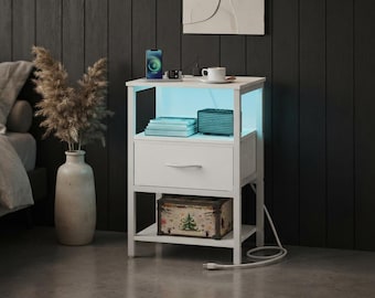 White Nightstand with Charging Station, LED Bedside Table, Adjustable Fabric Drawer, Storage Shelves, Modern Bedroom End Table