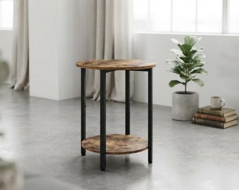 Rustic Round Side Table, 2 Tier End Table, Industrial Sofa Table, Farmhouse Nightstand, Wood Look Plant Stand, Small Coffee Table