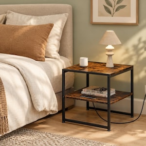 Rustic Brown Square End Table with Charging Station, USB Ports, Power Outlets, 2-Tier Storage Shelf, Metal Frame, 20 Inch Side Table