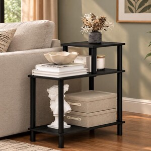 3 Tier Black Side Table, Rectangular End Table with Open Shelves, Space Saving Sofa Table, Modern Bedside Stand for Bedroom Living Room