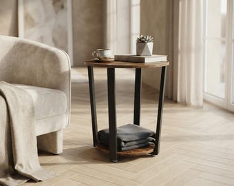 Round Rustic Brown End Table, Industrial 2 Tier Side Table with Storage Shelf, Metal Frame Accent Table for Living Room Bedroom