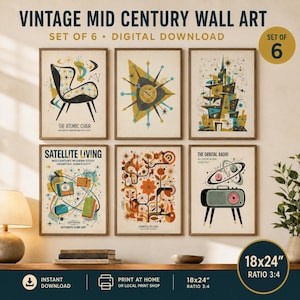 Puede incluir: Un conjunto de seis láminas de arte mural digital con diseños de mediados de siglo en crema, azul cerceta, naranja y negro. Las láminas incluyen ilustraciones de una silla atómica, un reloj, un edificio futurista, aparatos, flora y una radio.