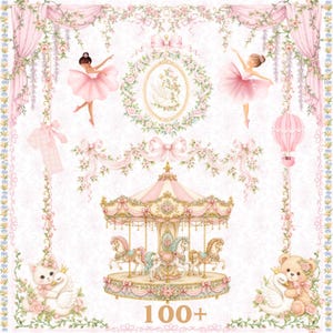 May include: A digital illustration featuring a carousel with horses, two ballerinas in pink tutus, a hot air balloon, a swan in a floral wreath, a kitten, and a teddy bear with a swan, all framed by pink curtains and floral garlands with 100+ text.