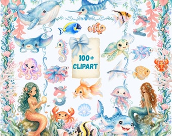 Akvarell Clipart med havsdjur, 100+ undervattensbilder av havsdjur, söta havsdjur, korallrevkonst, barnrumsinredning och babyshower, kommersiellt bruk
