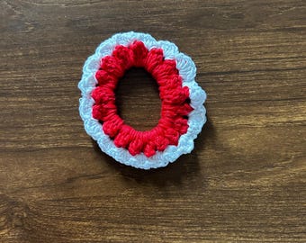 Handmade Crochet Strawberry Scrunchie | Crochet Strawberry Scrunchie | Handmade Red and White Hair Tie