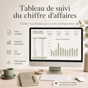 Puede incluir: Una hoja de cálculo digital de seguimiento de ingresos en un monitor de computadora, con un gráfico de barras y datos financieros mensuales. La pantalla muestra el texto en francés 'Tableau de suivi du chiffre d'affaires'.