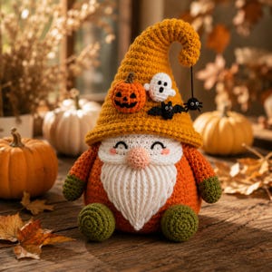 Peut inclure: Une figurine de gnome au crochet avec un grand chapeau pointu jaune moutarde orné d'une petite citrouille orange, d'un fantôme blanc, d'une chauve-souris noire et d'une araignée noire suspendue. Le gnome a une barbe blanche et des manches vert olive.