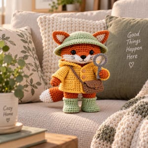 Puede incluir: Un peluche de zorro tejido a ganchillo que lleva un sombrero verde claro, un impermeable amarillo con dos botones y botas verde claro a juego. El zorro tiene una cola con punta blanca, un bolso bandolera marrón y sostiene una lupa.