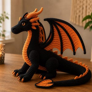 Puede incluir: Una figura de dragón tejida a ganchillo con cuerpo negro y detalles en naranja vibrante en las alas, el pecho, las púas de la cola y la cresta. La criatura tiene una cola larga, cuatro patas con garras y alas grandes y detalladas.