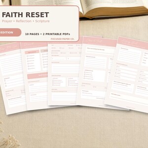 May include: A set of ten printable PDF pages titled Faith Reset, featuring a blush pink and white color scheme. The documents include sections for prayer, reflection, and scripture, with checkboxes and lined areas for writing notes and daily goals.