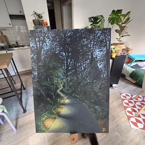 May include: A rectangular painting on canvas depicting a winding concrete path leading into a dense forest. The scene features dark green foliage, tall trees, and a metal handrail along the path, with soft yellow light illuminating the ground.