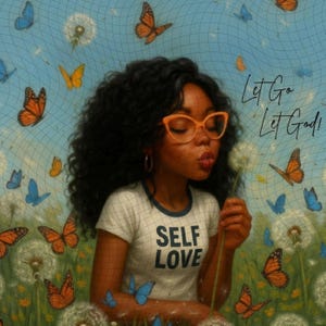 May include: A digital illustration of a person with dark curly hair wearing orange-rimmed glasses and a white t-shirt with the text SELF LOVE. The background features a blue grid pattern with orange monarch butterflies and white dandelion seeds.