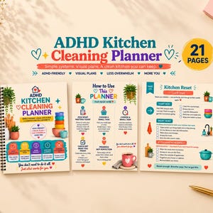 May include: A 21-page ADHD Kitchen Cleaning Planner with a spiral-bound cover and two interior pages. The design features colourful text, icons, and illustrations of kitchen items, including bowls, plants, and a mug, on a light cream background.