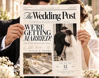 Könnte beinhalten: Eine personalisierte Zeitungsanzeige mit dem Titel The Wedding Post und der Schlagzeile WE'RE GETTING MARRIED! mit den Namen Olivia & Henry, dem Datum 12. September 2026 sowie Fotos eines Paares, Sektgläsern und einem Buch.