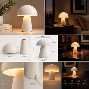 May include: A mushroom-shaped table lamp with a matte off-white finish. The lamp features a dome shade and a conical base. Technical diagrams show a total height of 95 mm, a 90 mm shade diameter, and a 50 mm base diameter. Includes a rear cable port.