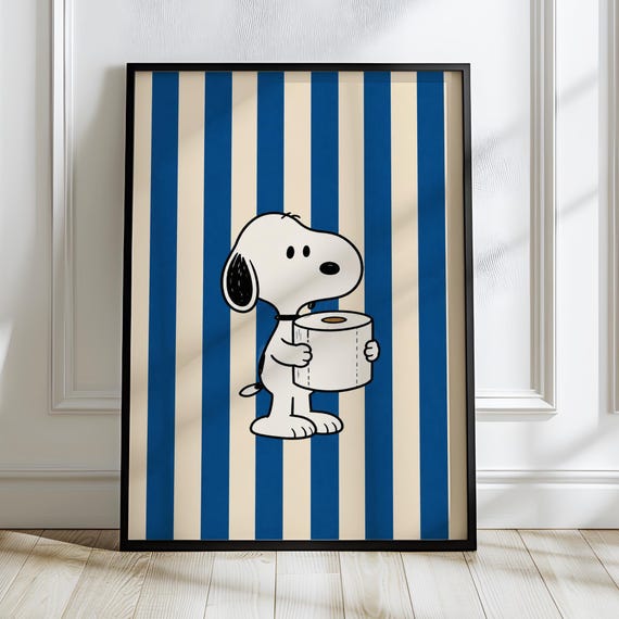 Snoopy Toilet Paper Poster | Funny Cute Dog Bathroom Wall Art | Blue Stripe Minimalist Restroom Home Decor Gift Print