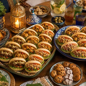May include: A large rectangular platter and a round plate filled with numerous small, stuffed pita-style sandwiches featuring various fillings, lettuce, and tomatoes, arranged alongside bowls of cookies, olives, and a lit gold lantern.