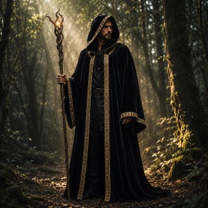 May include: A floor-length black velvet cloak featuring a hood and intricate gold trim along the edges. The garment is worn over a black shirt and trousers. A tall, twisted wooden staff with a glowing light at the top is held in one hand.
