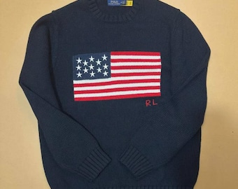 American Flag Polo Sweater, USA Flag Knit Pullover, Preppy Crewneck