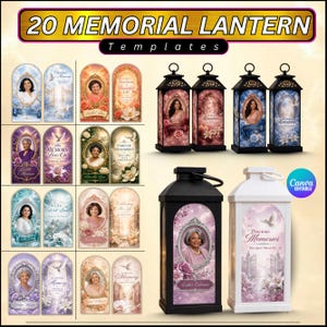 May include: A digital collection of 20 memorial lantern templates featuring various floral, celestial, and portrait designs. The set includes printable inserts and examples of black and white lanterns with customizable graphics and text like Precious Memories.