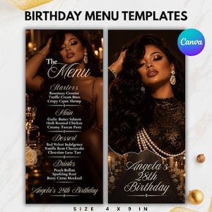 May include: Two vertical birthday menu templates featuring a photograph of a person with dark hair wearing a black lace top and pearl necklaces. The text includes "BIRTHDAY MENU TEMPLATES", "The Menu", "Starters", "Main", "Dessert", "Drinks", and "Angela's 28th Birthday". The size is 4 x 9 inches.