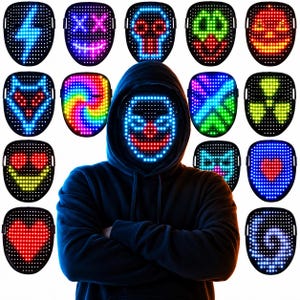May include: A black hoodie worn with a programmable LED mask displaying a glowing blue, red, and white face. The image features a grid of fifteen distinct LED masks showing various colorful patterns including hearts, skulls, and symbols.
