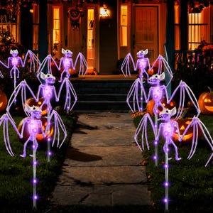 Solar Halloween Bat Lights, 3D Skeleton Garden Decor, Creepy Outdoor Pathway: 2-Piece Set