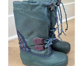 Vintage Kids 90s Sorel Freestyle Green And Purple Winter Snow Boots Size 10