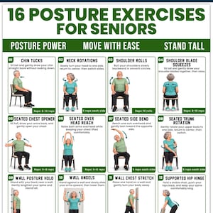 May include: A digital chart titled 16 Posture Exercises for Seniors featuring illustrations of individuals performing movements like chin tucks, shoulder rolls, and wall stretches. The document includes text instructions and repetition counts for each exercise.