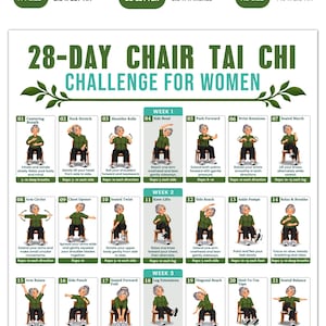 28-dagars Tai Chi-utmaning i stol för kvinnor, utskrivbar PDF, 4 veckors sittande Tai Chi-program, stolträning, balansstyrka och rörlighetsövningar